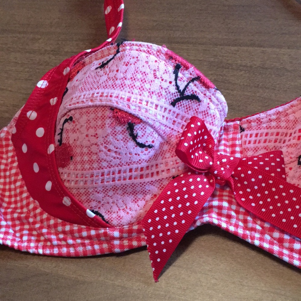 ADORABLE retro pinup cherry gingham polka dot lace swimsuit bikini 👙 🍒 - Picture 7 of 16